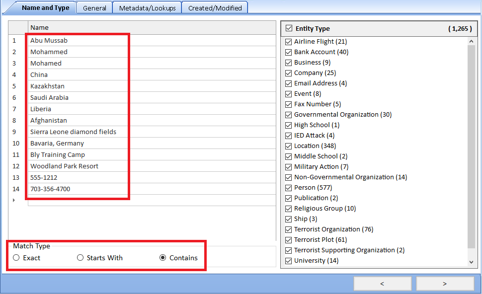 Entity Search Name and Type tab